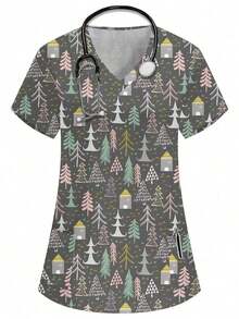 Blusa de mujer con cuello en V blanco, manga corta, con doble bolsillo, con estampado de dibujos animados lindos, estampado de animales de granja, uniforme de enfermera/médico, ropa de trabajo de unicolor para peluquería de mascotas, bata de labo - Gris Oscuro - Ver 1