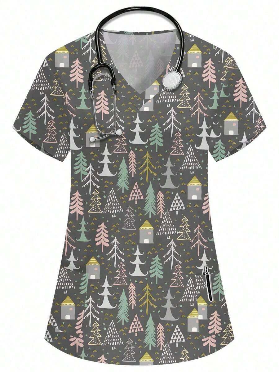 Blusa de mujer con cuello en V blanco, manga corta, con doble bolsillo, con estampado de dibujos animados lindos, estampado de animales de granja, uniforme de enfermera/médico, ropa de trabajo de unicolor para peluquería de mascotas, bata de labo - Gris Oscuro - Ver 1