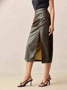 Falda con abertura alta de PU para mujer, atuendo de oficina casual urbano para ir al trabajo, vestimenta formal elegante para mujer en otoño - Marrón 2 - Ver 2