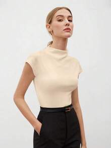 Camiseta de mujer de manga corta con cuello alto y mangas de murciélago, de unicolor, para uso casual de negocios, uniforme de maestro, ropa de oficina, escuela, top básico, estilo vintage - Albaricoque - Ver 3