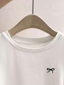 Camiseta casual de manga larga, cuello redondo, con estampado de lazo, color negro para mujer - Blanco - Ver 3