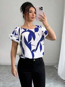 Blusa suelta de manga corta con cuello redondo, borde en contraste y estampado aleatorio, elegante para uso cotidiano, casual y vacaciones - Azul - Ver 1