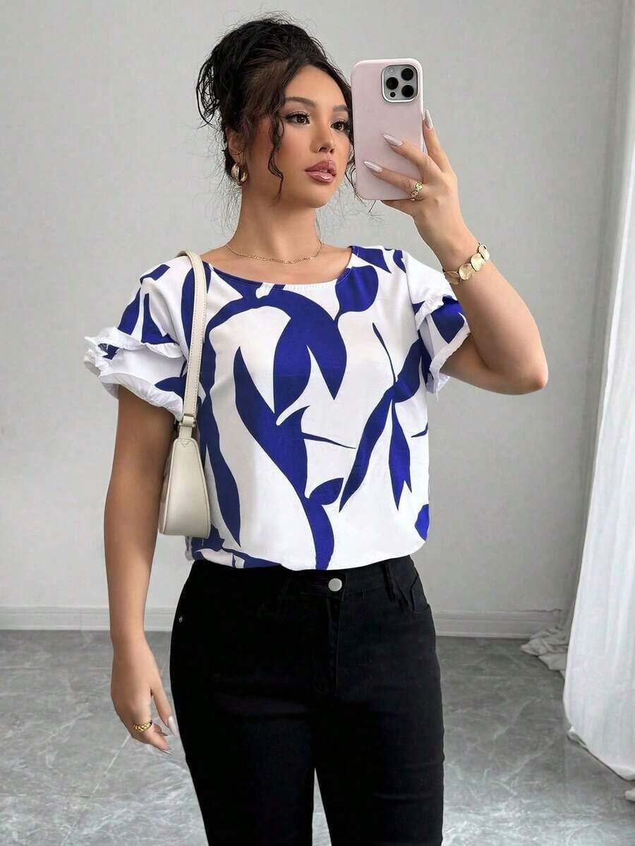 Blusa suelta de manga corta con cuello redondo, borde en contraste y estampado aleatorio, elegante para uso cotidiano, casual y vacaciones - Azul - Ver 1