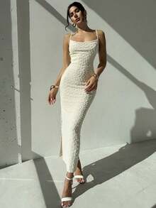 Vestido maxi elegante y romántico de color albaricoque con tirantes finos, cintura recogida, ajuste ceñido y tela texturizada con abertura, adecuado para bodas/citas, primavera/verano - Albaricoque - Ver 3