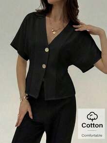 casuales elegantes de color blanco sólido con mangas de murciélago para mujeres, románticas para salir en verano - Negro - Ver 4