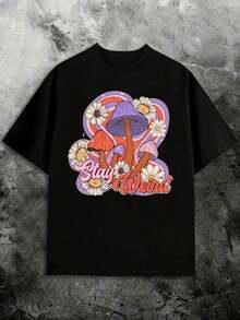 PAYEAH 1-Piece 100% Cotton Versatile Top, Suitable For Streetwear, Everyday Wear, Y2K/Oversized Crew Neck Crop Top, Outings, Camping, Concerts, Hip-Hop, Rock, And Rap Events. 220g Heavyweight Cotton T-Shirt With Cartoon Mushroom Print And Crew Neck. - 黑色 - 查看 2