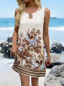 Vestido de verano casual con estampado tropical para vacaciones de mujer - Cafetería - Ver 3