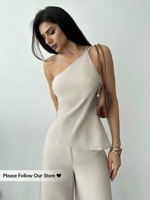 Nueva llegada Primavera/Verano Elegante Top casual de lino color albaricoque con cintura fruncida, bajo asimétrico y espalda descubierta - Albaricoque - Ver 1