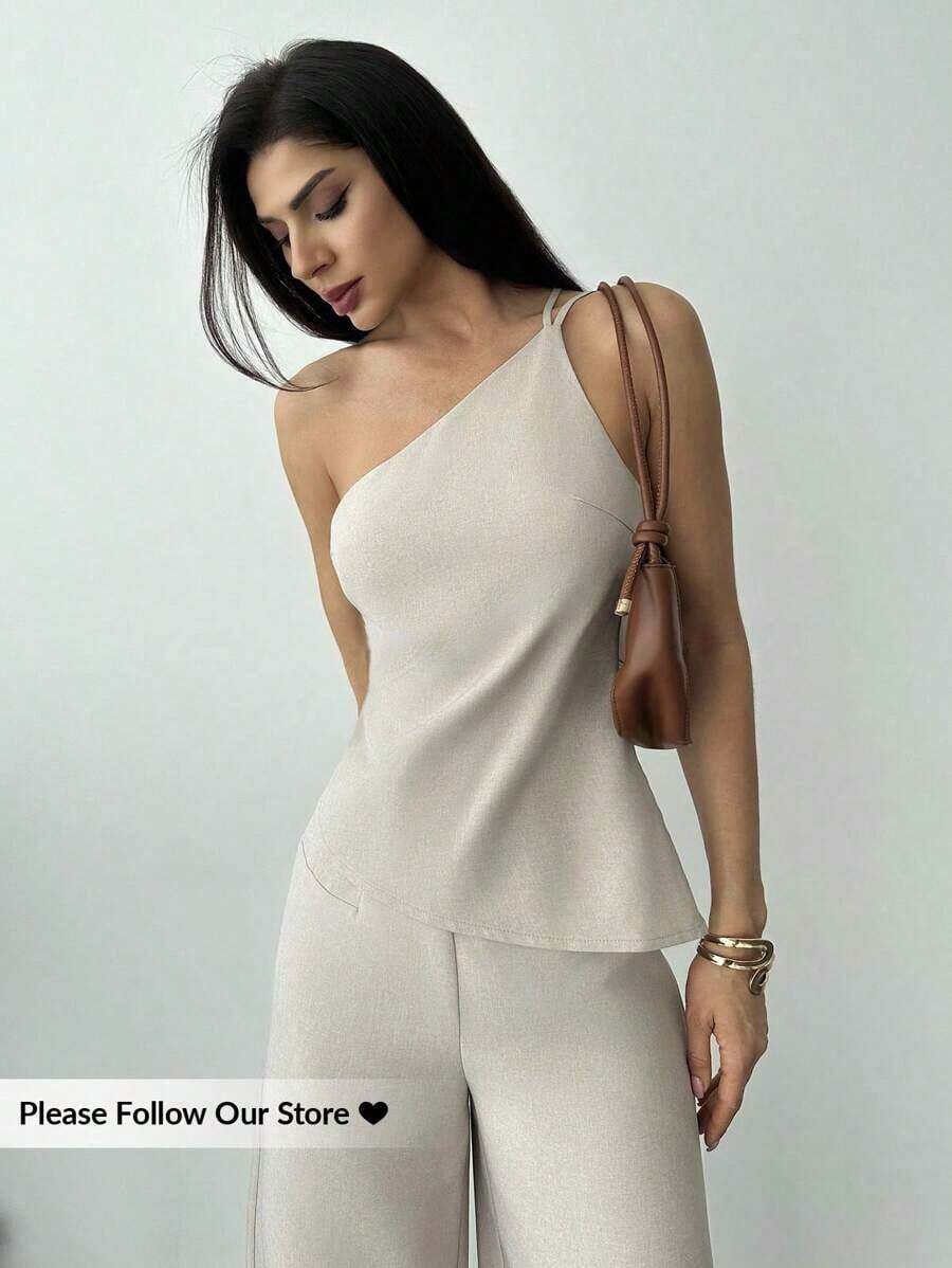 Nueva llegada Primavera/Verano Elegante Top casual de lino color albaricoque con cintura fruncida, bajo asimétrico y espalda descubierta - Albaricoque - Ver 1