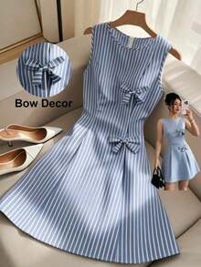 Vestido de línea A con cintura ceñida, decorado con lazo, a rayas azul y blanco, adecuado para la escuela, picnic de fin de semana, salida casual con amigos, de estilo fresco y dulce - Azul y blanco 3 - Ver 9