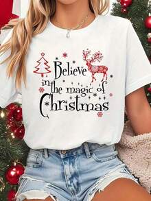 Women's Short-Sleeved T-Shirt With Round Neck, Printed, Soft And Flowy, Suitable For Daily Wear, Office, School, Vacation, Camping, Versatile Style, Short Sleeves Make Your Summer More Vibrant And Colorful. - 白色 - 查看 6