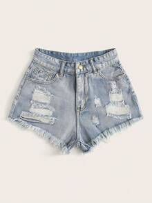 Shorts mezclilla rotos bajo crudo - Lavado ligero 2 - Ver 3
