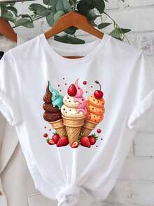 2026 Talla Grande - Talla Grande - Un dulce y vibrante cono de helado de verano, que presenta una elegante camiseta casual de cuello redondo para mujer de talla grande con estampados de frutas como fresas y cerezas, perfecta para salidas, vacaciones y compras. - Blanco - Ver 1