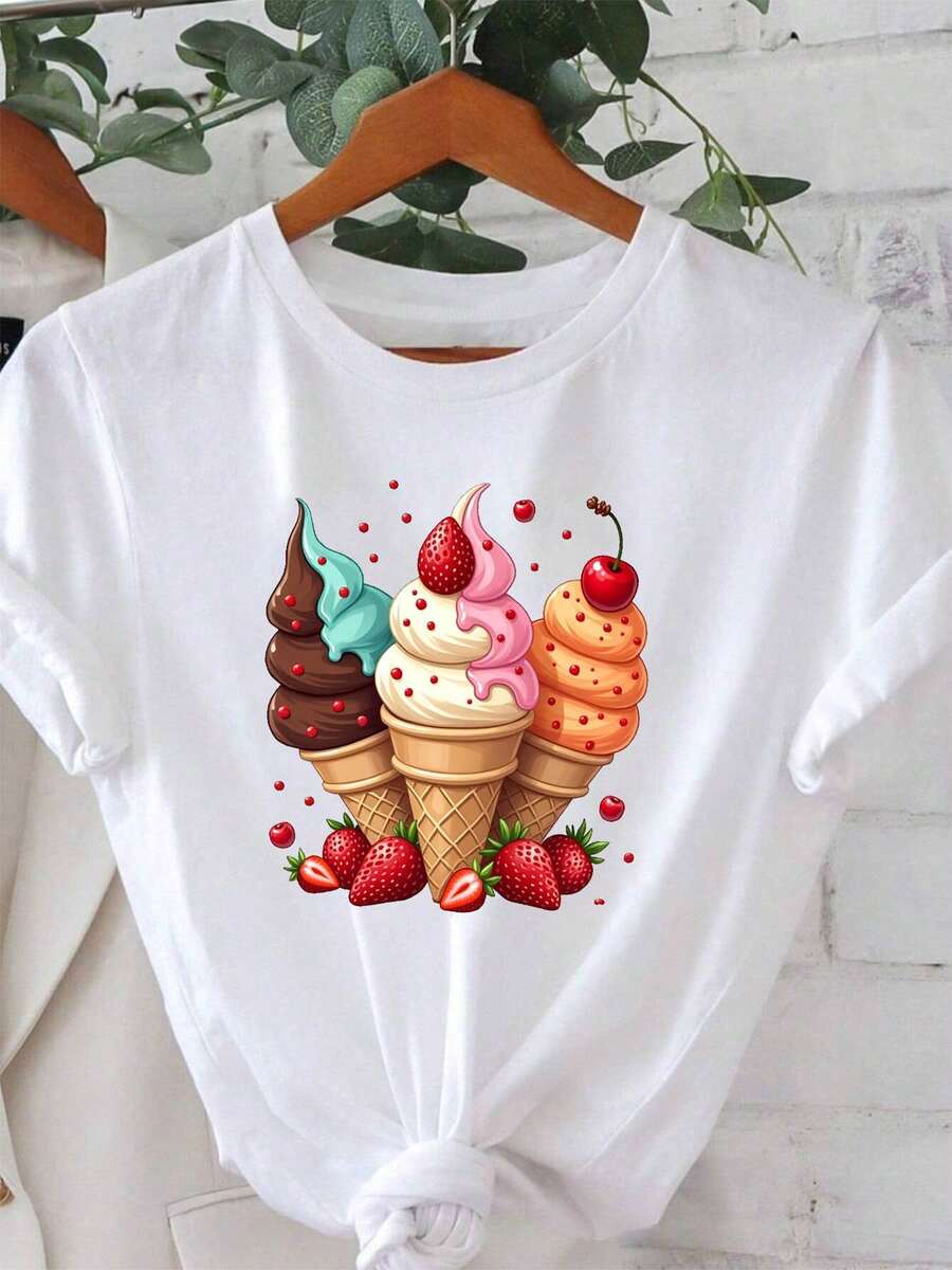 2026 Talla Grande - Talla Grande - Un dulce y vibrante cono de helado de verano, que presenta una elegante camiseta casual de cuello redondo para mujer de talla grande con estampados de frutas como fresas y cerezas, perfecta para salidas, vacaciones y compras. - Blanco - Ver 1