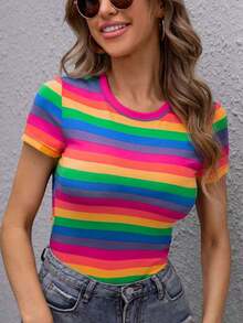 Camiseta Ajustada De Rayas En Contraste De Colores - Rosa Fucsia - Ver 3
