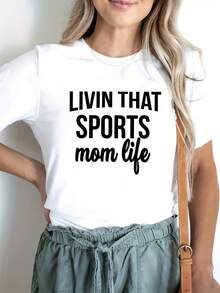Camiseta Casual de Primavera-Verano con Estampado de Letras, Cuello Redondo, Manga Corta, Top Deportivo para Mujer - [Blanco] - Ver 6