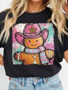 TCamiseta de Mujer con Estampado de Hombre y Galleta de Jengibre - Cuello Redondo, Manga Corta, Diseño Casual para Navidad y Detalles de Invierno en Taza y Vidrio, Ajuste Regular Cómodo Lavable a Máquina Ideal para Fiestas Temáticas y Atuendos Diarios (Ropa Unisex para Hombres y Mujeres) - Negro - Ver 6