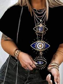 Round Neck T-Shirt With Evil Eye Print, Casual Short Sleeve T-Shirt For Spring And Summer, Women's Clothing. Relaxed Graphic Style Casual T-Shirt With Round Neck And Short Sleeves For Spring-Summer Everyday Wear. - 黑色 - 查看 6