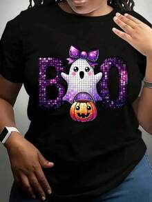 New 2026 Camiseta vintage de Halloween para mujer con corte regular: estampado de fantasma negro <<BOO» y calabaza con letras de lentejuelas, corte holgado, manga corta y cuello redondo, ideal para disfraces de Halloween, outfits de otoño y ropa informal. Camiseta para fiestas espeluznantes, lavable a máquina y con un diseño exquisito. Mujer casual estampado de fantasma y calabaza con lentejuelas ajuste holgado cuello redondo manga corta primavera verano fiesta camiseta - Negro - Ver 1