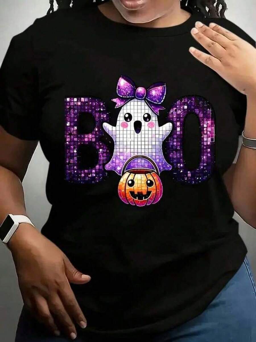 New 2026 Camiseta vintage de Halloween para mujer con corte regular: estampado de fantasma negro <<BOO» y calabaza con letras de lentejuelas, corte holgado, manga corta y cuello redondo, ideal para disfraces de Halloween, outfits de otoño y ropa informal. Camiseta para fiestas espeluznantes, lavable a máquina y con un diseño exquisito. Mujer casual estampado de fantasma y calabaza con lentejuelas ajuste holgado cuello redondo manga corta primavera verano fiesta camiseta - Negro - Ver 1