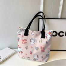 Miniso Sanrio Hello Kitty 全印花帆布手提包，粉色，饰有食物和爱心图案，适合日常使用。 - 白色 - 查看 5
