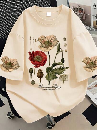 1pc Women Plus Size Casual Floral Print Short Sleeve T-Shirt, Round Neck Artistic Print Tee, Retro Fashion - Dopamine Outfit, Stretchy Fabric - Suitable For Daily, Outdoor, Travel, Holiday Gift, Fitness, Fashion Enthusiasts