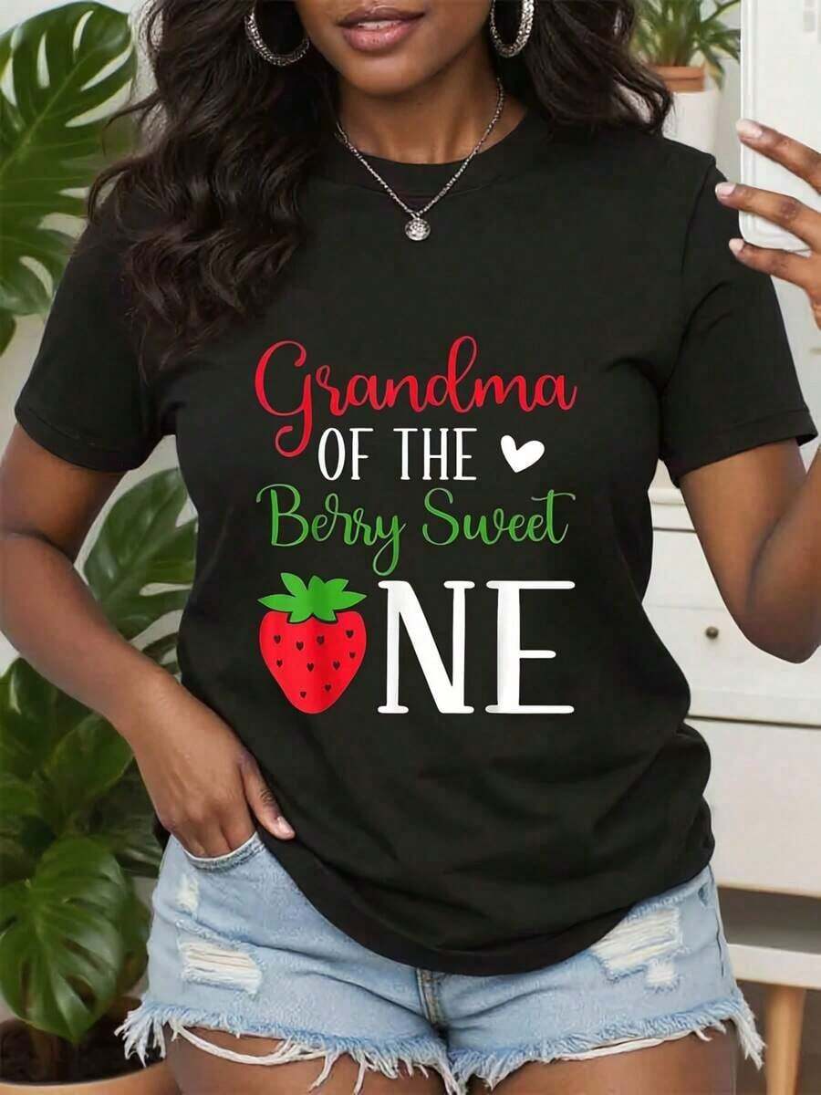 Casual T-Shirt, Colorful T-Shirt With Strawberry And Letter Print, Cute Strawberry T-Shirt, Gift For Fruit Lovers, Strawberry T-Shirt For Women, Can Be A Gift For Grandma, Mother And Sister, 100% Cotton, Durable - 黑色 - 查看 1