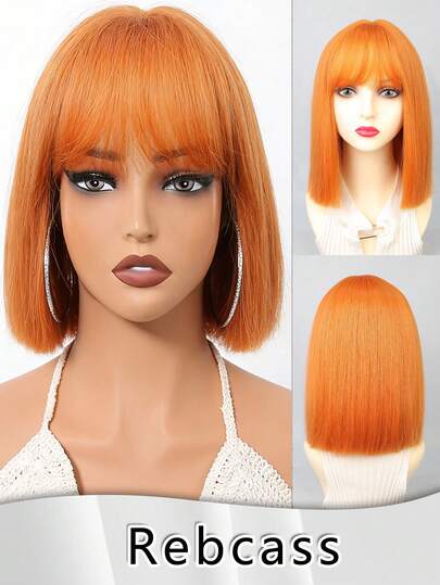 12 Inch Women Short Straight Bobbed Wig, Brown/Orange Aesthetic Synthetic Hair, Heat Resistant, Cute Style Suitable For Daily Wear And Parties, Perfect Gift For Ladies, Suitable For Daily Wear And Seasonal Outfits