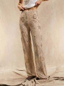 Pantalones rectos holgados de estilo bohemio con patrón de cuentas en color marrón para mujer, de verano - Albaricoque - Ver 5