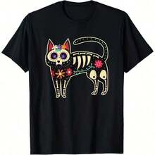Camiseta de manga corta con cuello redondo y estampado a una cara de calavera de gato del Día de los Muertos para hombre y niño, de algodón, para todas las estaciones, espaciosa. - Color 7 - Ver 1