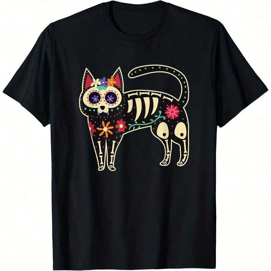 Camiseta de manga corta con cuello redondo y estampado a una cara de calavera de gato del Día de los Muertos para hombre y niño, de algodón, para todas las estaciones, espaciosa. - Color 7 - Ver 1