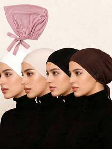 Women's Solid Color Elastic Band Base Cap Adjustable Scarf Beanie - Dusty Pink - View 1
