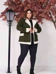 Women's Plus Size Coat With Button, Plush, Thick, Long Sleeves, Winter - Army Green - View 3