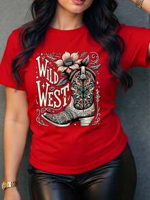 Loose Women's T-Shirt With A Floral Cowboy Boot Print In A Western Style. Modern And Original Design, Ideal For A Casual And Comfortable Look. Soft And Breathable Fabric. Available In Various Colors. Basic Crew Neck Cotton T-Shirt For Women - 紅色的 - 查看 8