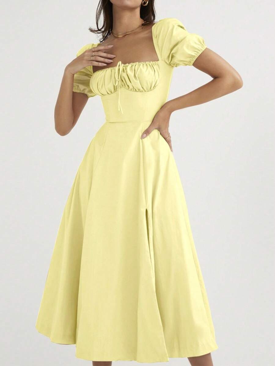 Vestido largo liso estilo francés con mangas burbuja y abertura alta primavera 2026 - Amarillo - Ver 1