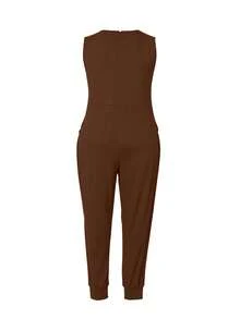 Mono de verano sin mangas con cuello en V de unicolor para mujer talla grande - Café integral - Ver 2