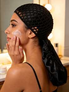 1 pièce Bonnet de nuit en maille respirante et satin pour l'été, fabriqué en maille au crochet et tissu satin lisse. Style pratique avec cordon de serrage réglable, anti-frisottis et anti-transpiration. Idéal pour le sommeil, le spa et le ramadan. Couleur noire disponible. - Multicolore - Voir 2