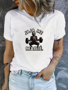 1 Beautiful Women's Blouse, Women's Clothing Sets, 180G Black And White T-Shirt With JAJA ME MARIE Print, High Quality, Printed, Round Neck, Basic Loose Fit, Breathable, Machine Washable, Comfortable Size S~3XL, Casual Daily Essential For Summer Sports. Lightweight And Breathable - 黑色 - 查看 10