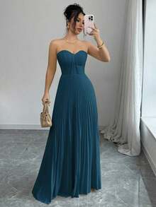 Vestido elegante y romántico para mujer con cintura fruncida y silueta de línea A - Agua verde azul - Ver 6