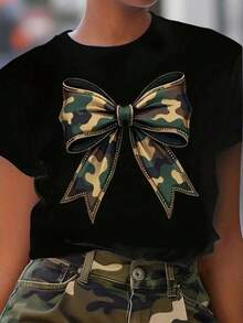 Women's Camouflage Bow Print T-Shirt, Short Sleeves, Round Neck, Ideal For Casual Wear In Spring And Summer. Sexy, Casual, Sweet, Party, Elegant, Shiny, High Elasticity, Perfect For Beach, Night Out, Vacation, Wedding, Sporty, Home, Summer - 黑色 - 查看 6