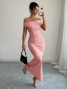 YHHRafferiza Vestido de fiesta ajustado con hombros descubiertos y detalles metálicos elegantes para mujerYHH - Rosa - Ver 4