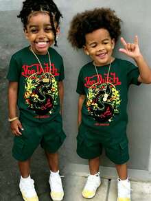 Boys' Round Green Neck T-Shirt & Green Work Trousers, Casual And Comfortable Spring And Summer Short-Sleeved Printed 2 Set - Dark Green - View 1