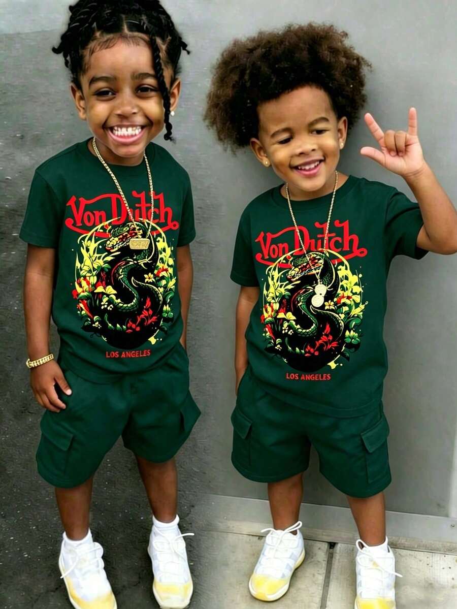 Boys' Round Green Neck T-Shirt & Green Work Trousers, Casual And Comfortable Spring And Summer Short-Sleeved Printed 2 Set - Dark Green - View 1