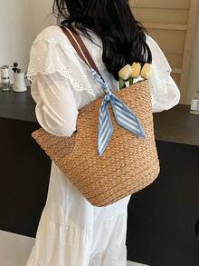 1pc High-Quality Woven Texture Straw Bucket Tote Bag, Suitable For Daily Use, Dates, Shopping, Fashionable Vacation Style - Khaki - View 5
