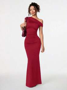 Ropa de verano, atuendos para citas diarias y viajes, atuendos de fiesta, ropa interior elegante para mujeres, atuendos para salir, vestido asimétrico con hombros caídos y cola de pez extra larga, atuendos de club para mujeres, atuendos para - Rosa Roja - Ver 9