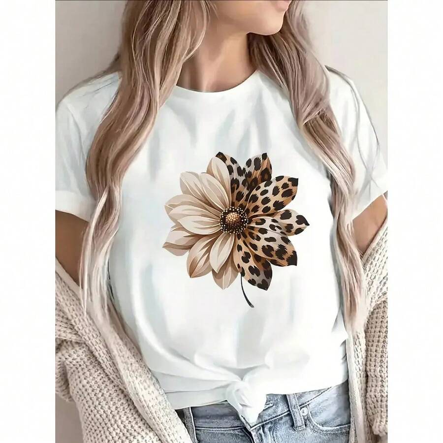 Women's T-Shirt With Leopard Floral Print, Round Neck, Short Sleeve, Loose Fit, Soft Cotton, Casual Style, For Spring/Summer, Ideal To Pair With Jeans - 白色 - 查看 1