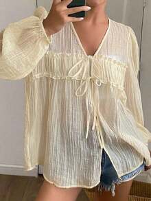 Camisa de mujer casual y versátil de unicolor con lazo - Blanco - Ver 10