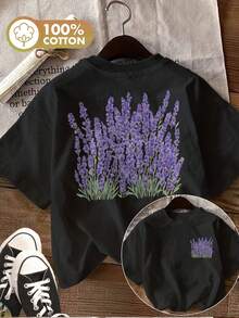 [Double-Sided Print] Women's Summer Casual Top, Hand-Painted Lavender Style, Sheer Short-Sleeve T-Shirt With Round Neck And Lavender Bouquet [Ling K] - 黑色 - 查看 7