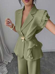 Elenzya Traje formal elegante de mujer color albaricoque, conjunto de blazer con cuello de volantes de organza con lentejuelas y cintura con lazo, que incluye chaqueta sin mangas y pantalones rectos, color burdeos, adecuado para Halloween, Navidad, Año Nuevo, ceremonia de graduación, boda y otras ocasiones. - Verde - Ver 8