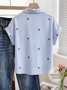 Camisa casual versátil de uso diario con un solo pecho, decorada con lunares y perlas falsas para mujer - Multicolor 2 - Ver 2